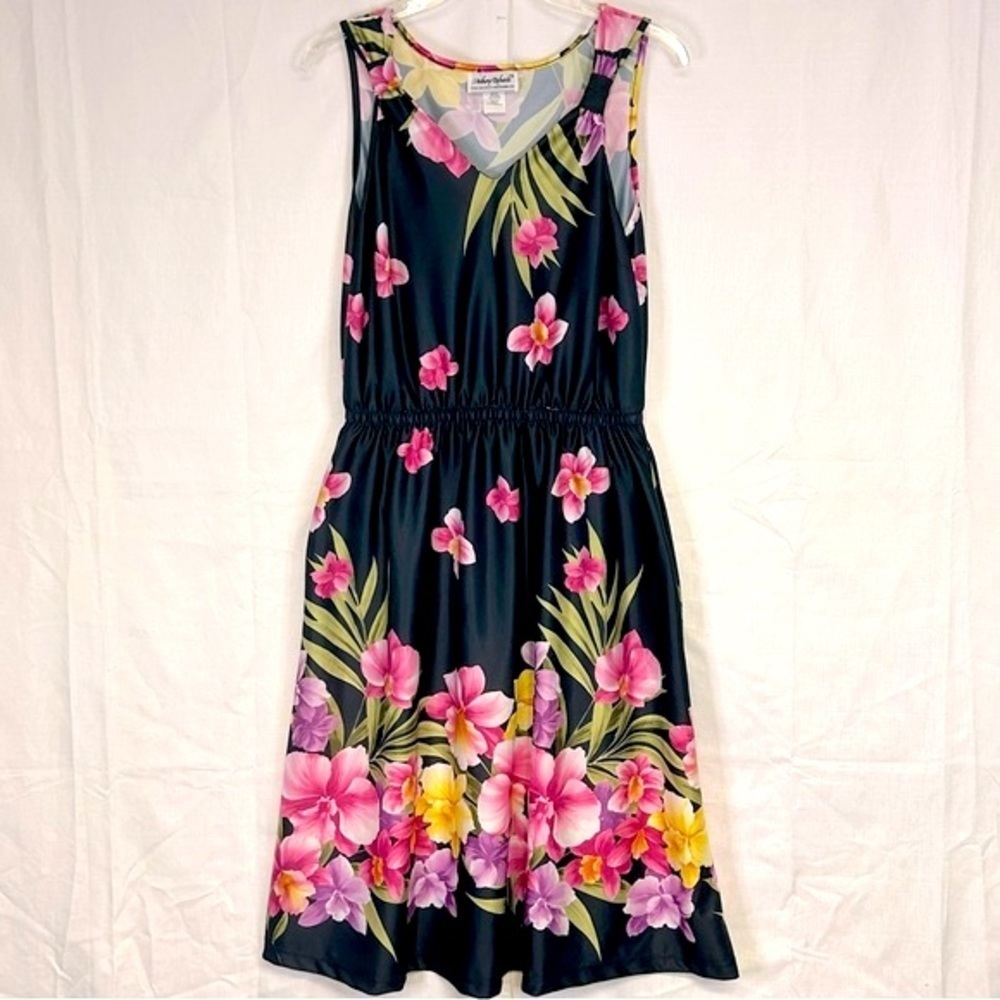 Vintage Floral Midi Dress Size M Sleeveless V Neck Pleated‎ Pockets Tropical